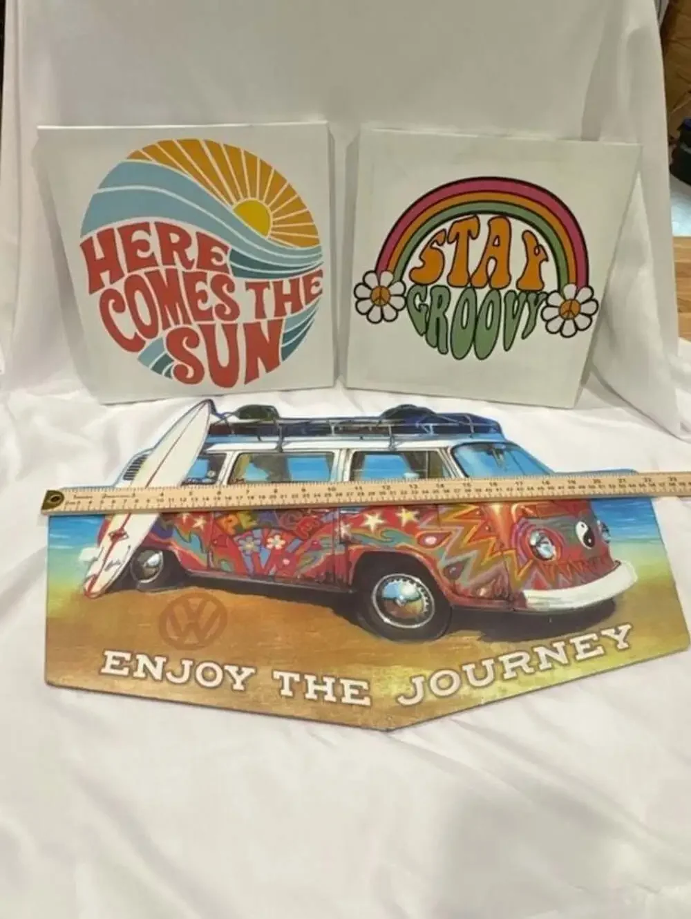 Hippie Decor Set-VW Bus Metal Sign, Here Comes the Sun & Stay Groovy Canvas Art